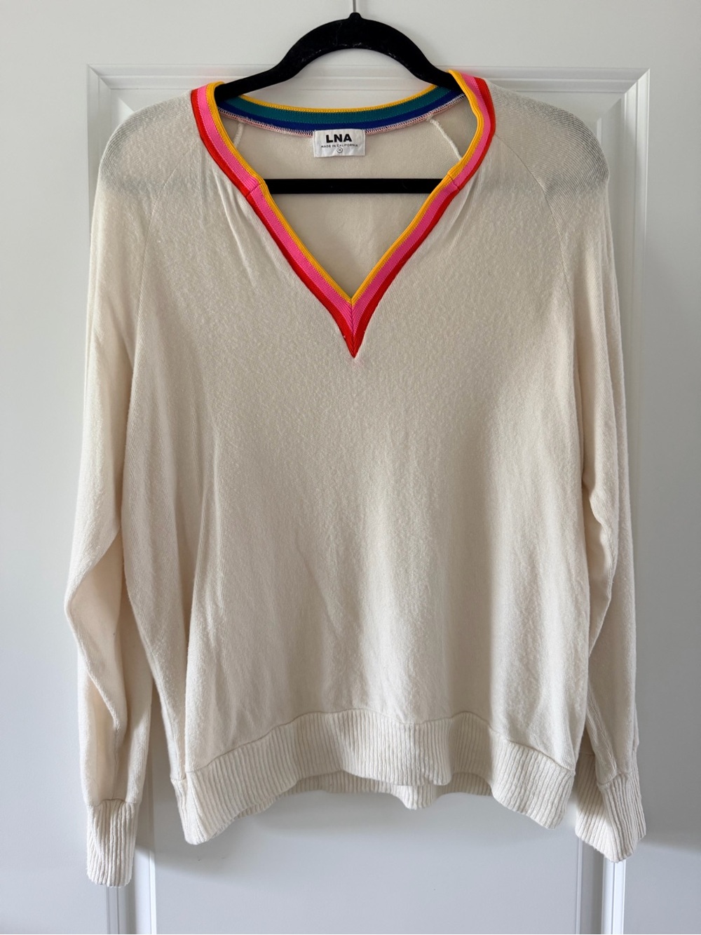 LNA Cream V-Neck Sweater with Pink, Yellow & Blue Trim